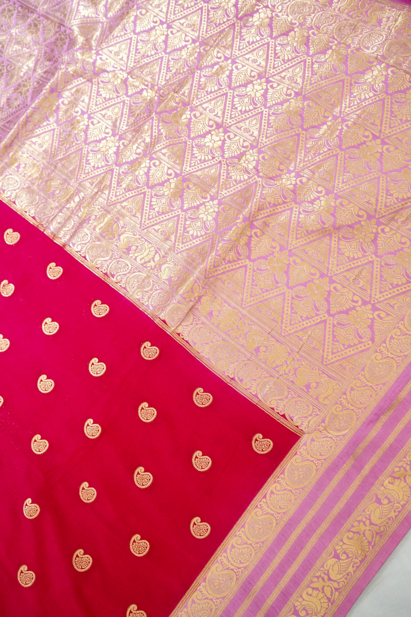 Red Banarasi Silk Saree with Gold Zari Buti Weave & Lavender Border