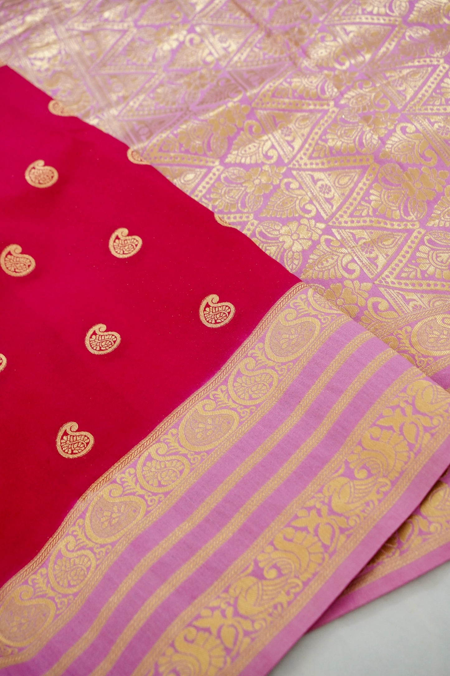 Red Banarasi Silk Saree with Gold Zari Buti Weave & Lavender Border