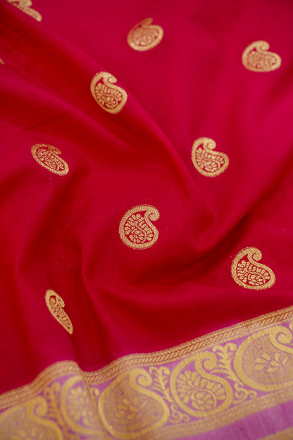 Red Banarasi Silk Saree with Gold Zari Buti Weave & Lavender Border