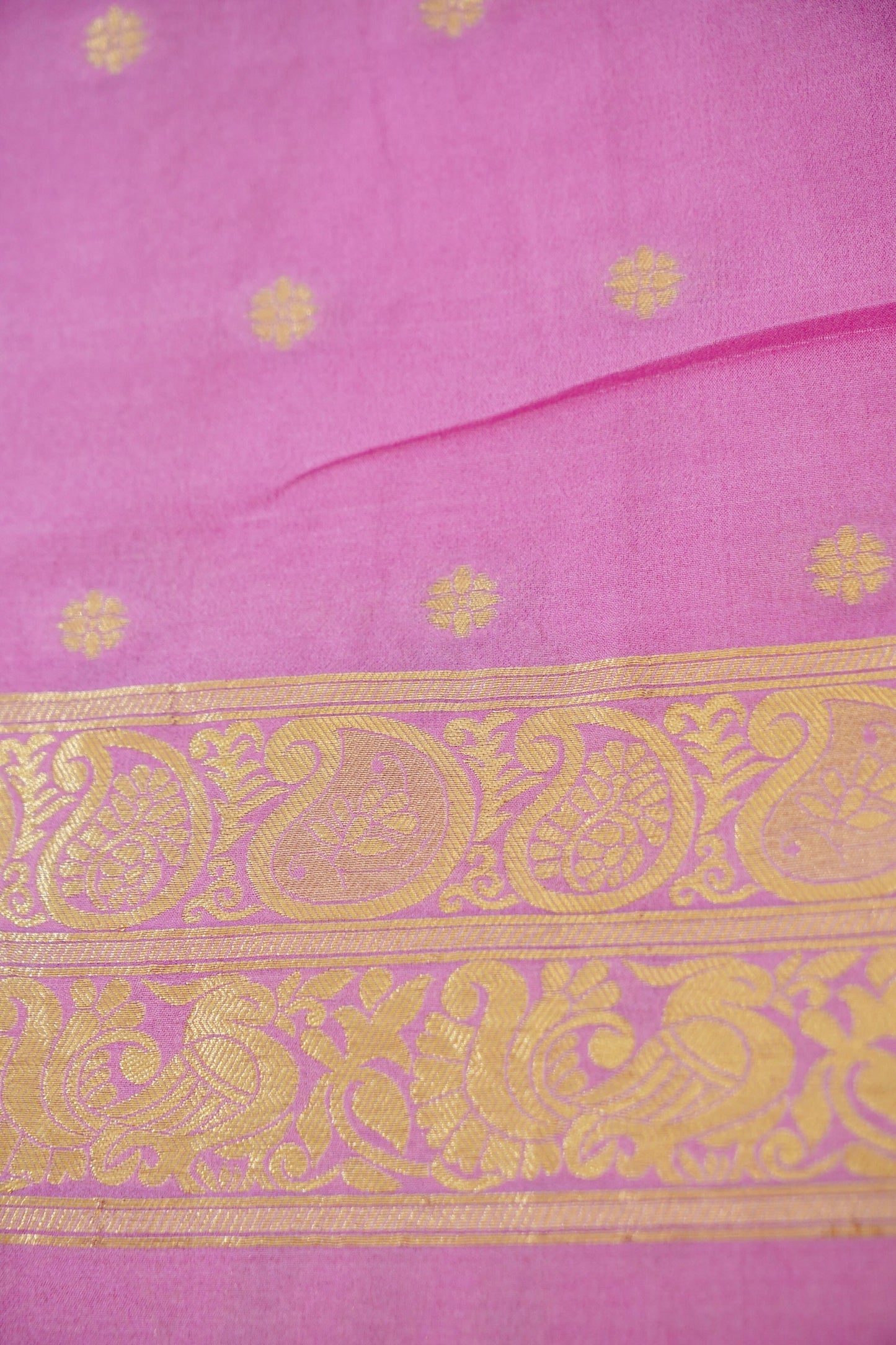 Red Banarasi Silk Saree with Gold Zari Buti Weave & Lavender Border