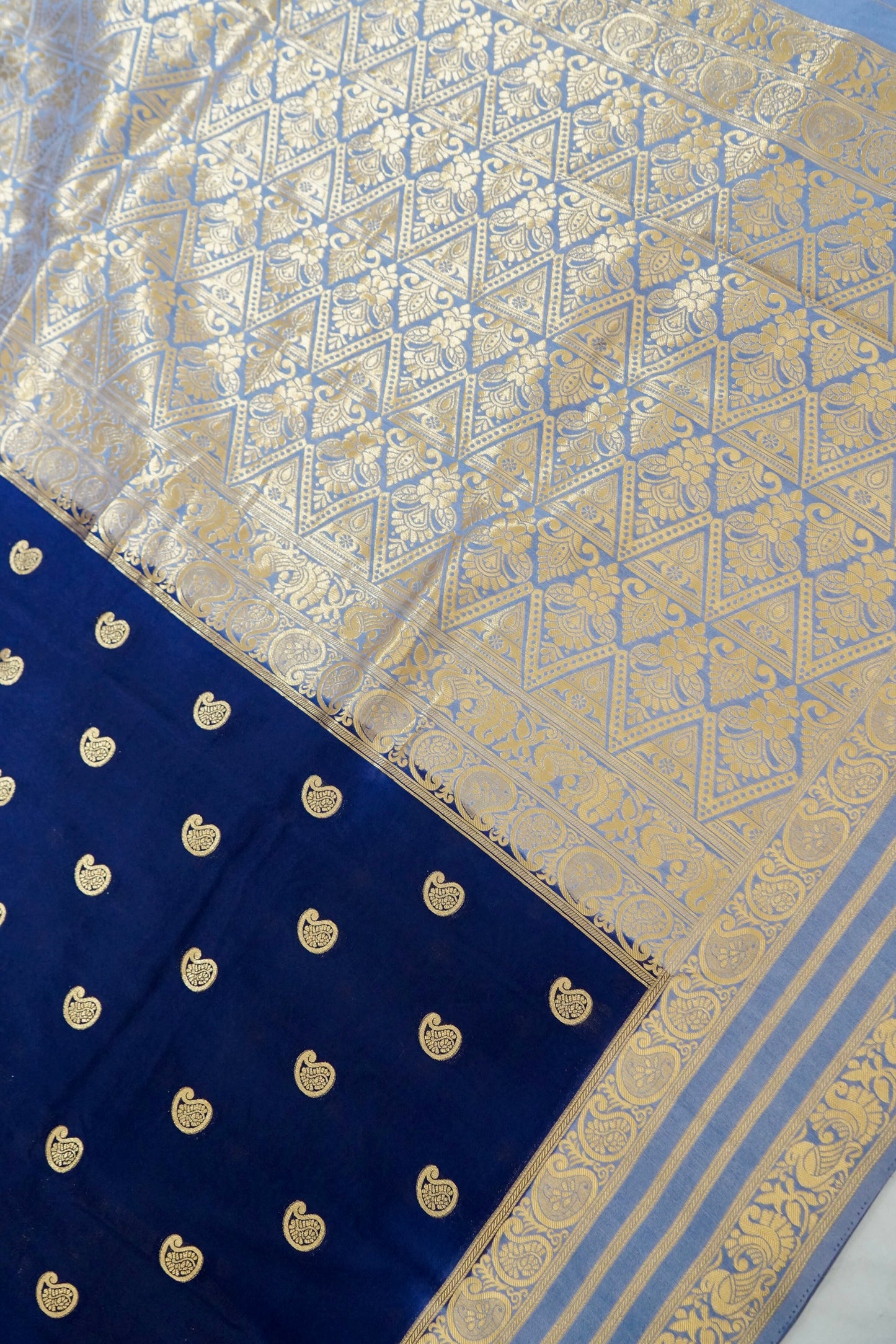 Navy Blue Banarasi Silk Saree with Gold Zari Buti Weave & Lavender Blue Border