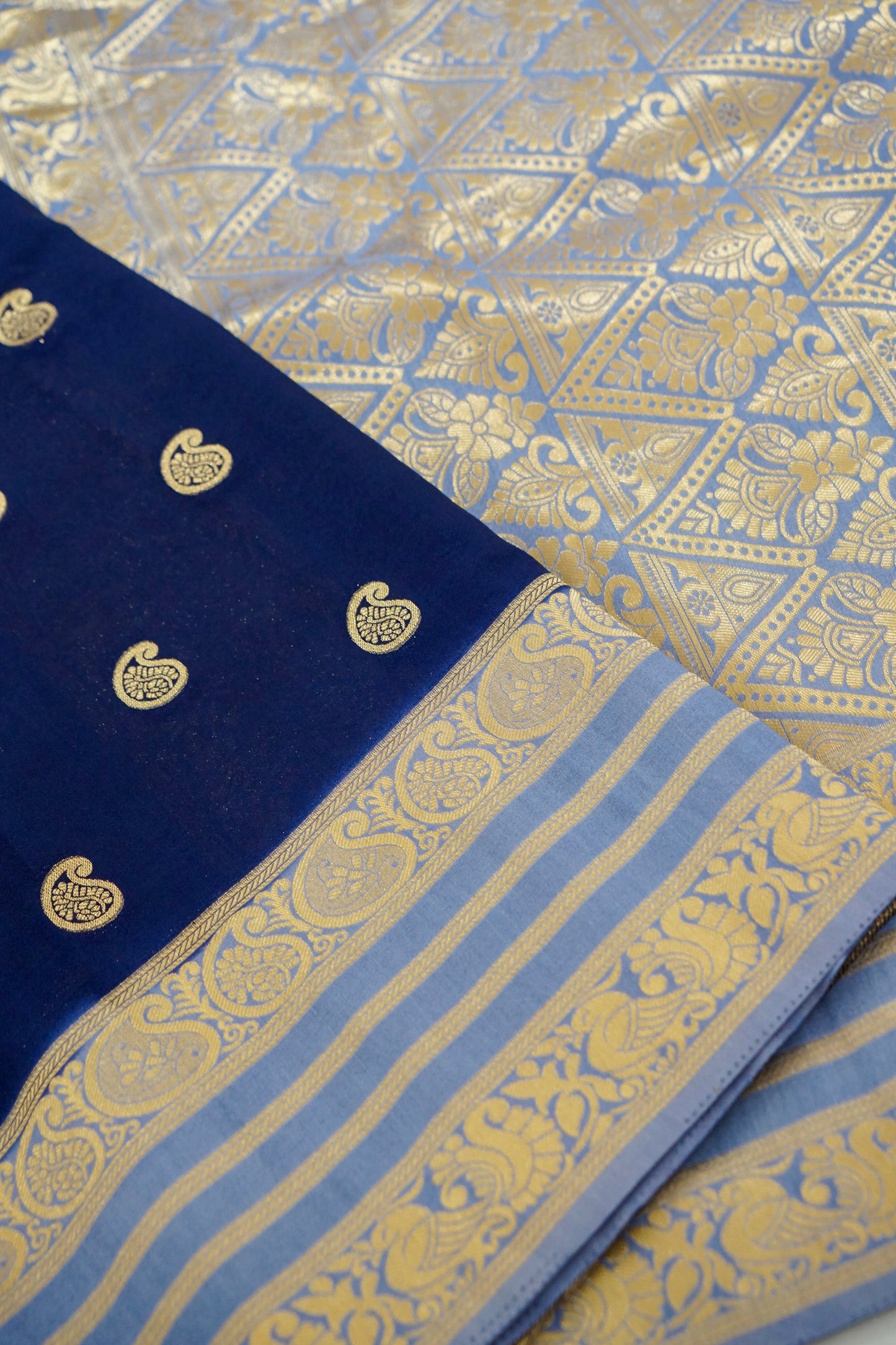 Navy Blue Banarasi Silk Saree with Gold Zari Buti Weave & Lavender Blue Border