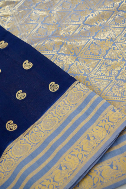 Navy Blue Banarasi Silk Saree with Gold Zari Buti Weave & Lavender Blue Border