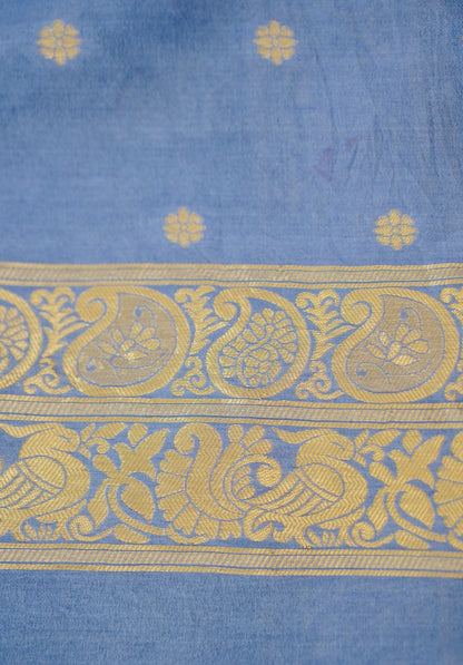Navy Blue Banarasi Silk Saree with Gold Zari Buti Weave & Lavender Blue Border