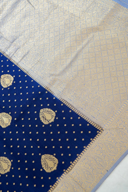 Royal Blue Banarasi Silk Saree with Gold Zari Buti Weave & Silver Zari Border
