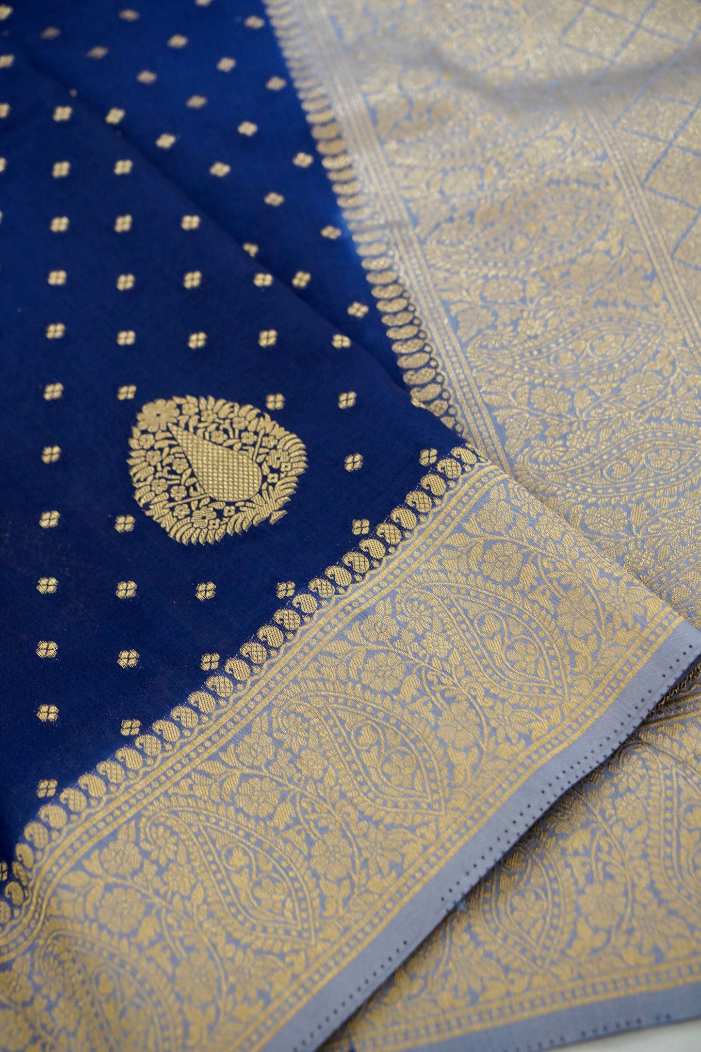 Royal Blue Banarasi Silk Saree with Gold Zari Buti Weave & Silver Zari Border