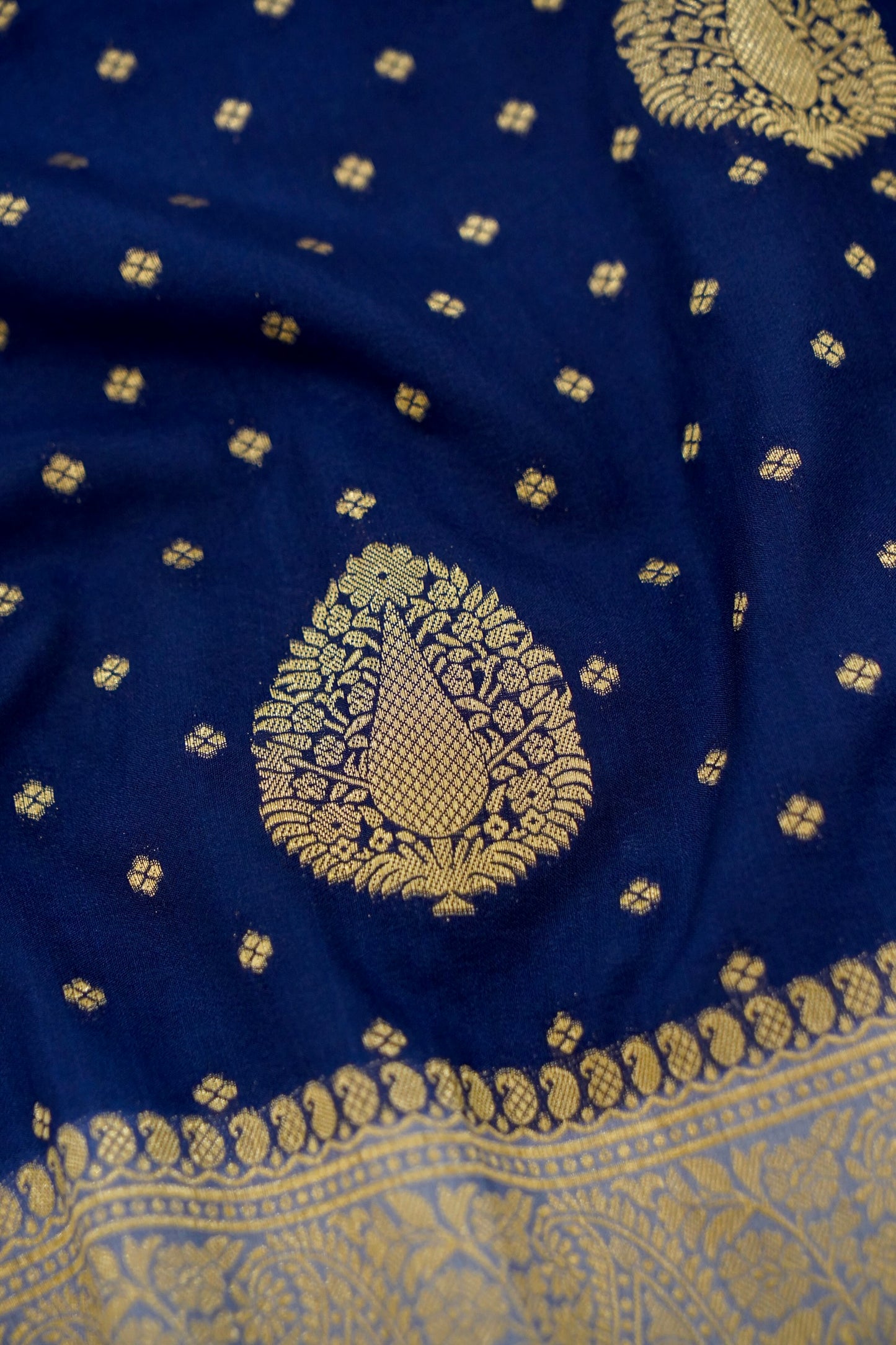 Royal Blue Banarasi Silk Saree with Gold Zari Buti Weave & Silver Zari Border