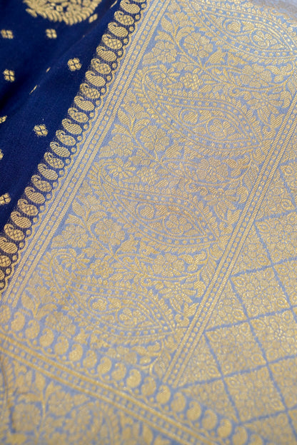 Royal Blue Banarasi Silk Saree with Gold Zari Buti Weave & Silver Zari Border