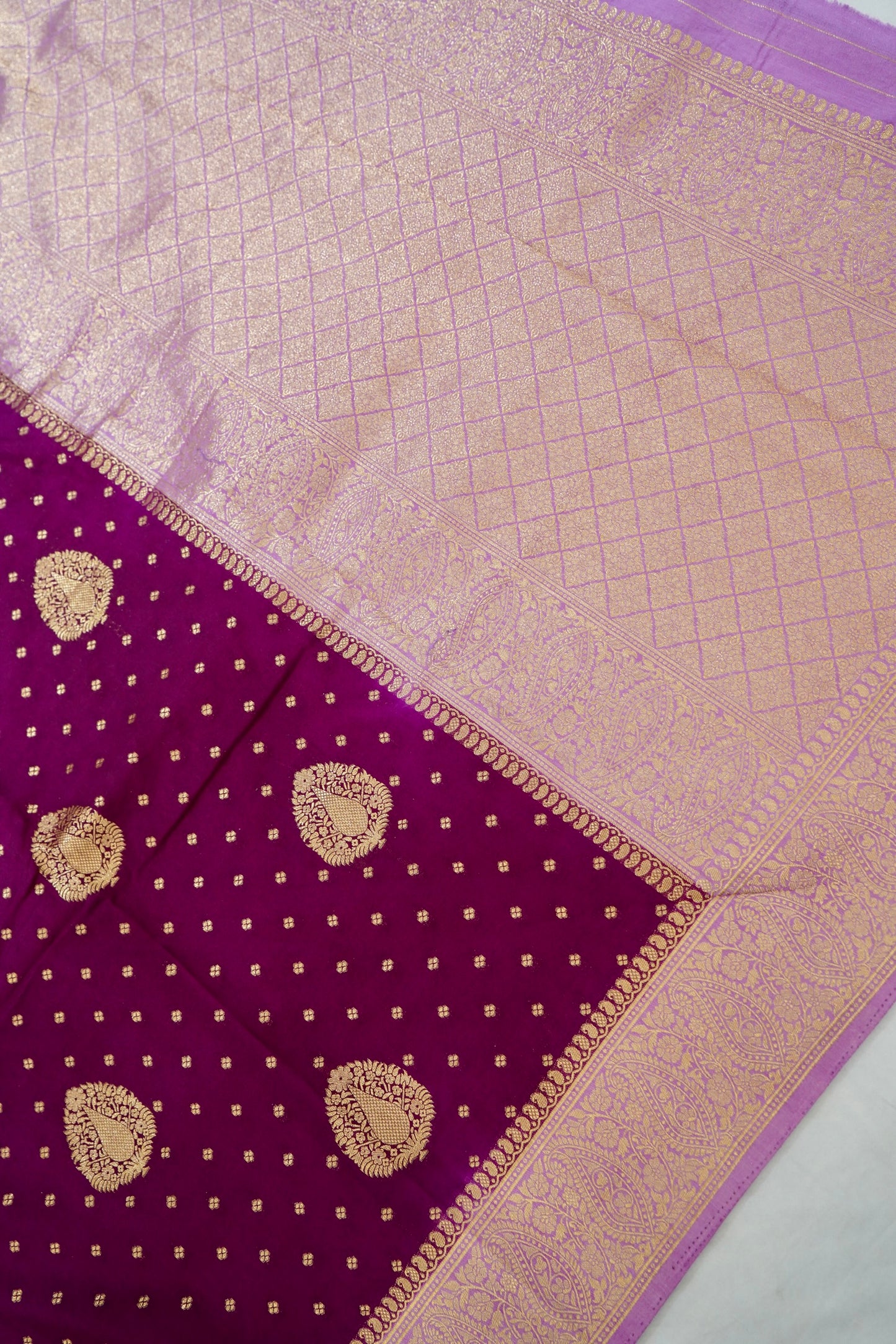 Magenta Banarasi Silk Saree with Gold Zari Buti Weave & Lavender Border