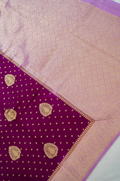 Magenta Banarasi Silk Saree with Gold Zari Buti Weave & Lavender Border