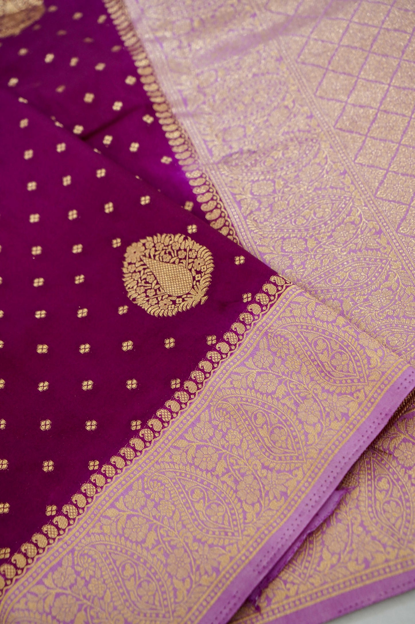 Magenta Banarasi Silk Saree with Gold Zari Buti Weave & Lavender Border