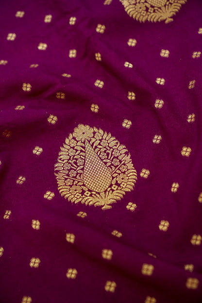 Magenta Banarasi Silk Saree with Gold Zari Buti Weave & Lavender Border