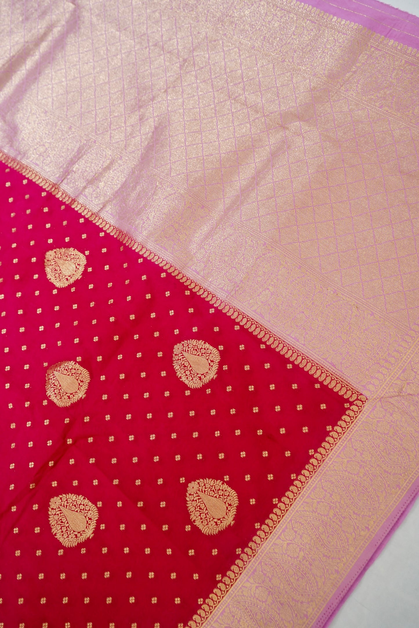 Red Banarasi Silk Saree with Gold Zari Buti Weave & Baby Pink Border