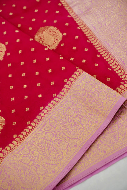 Red Banarasi Silk Saree with Gold Zari Buti Weave & Baby Pink Border