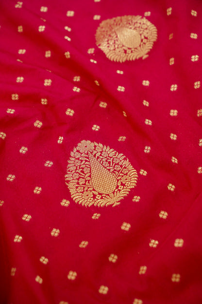 Red Banarasi Silk Saree with Gold Zari Buti Weave & Baby Pink Border