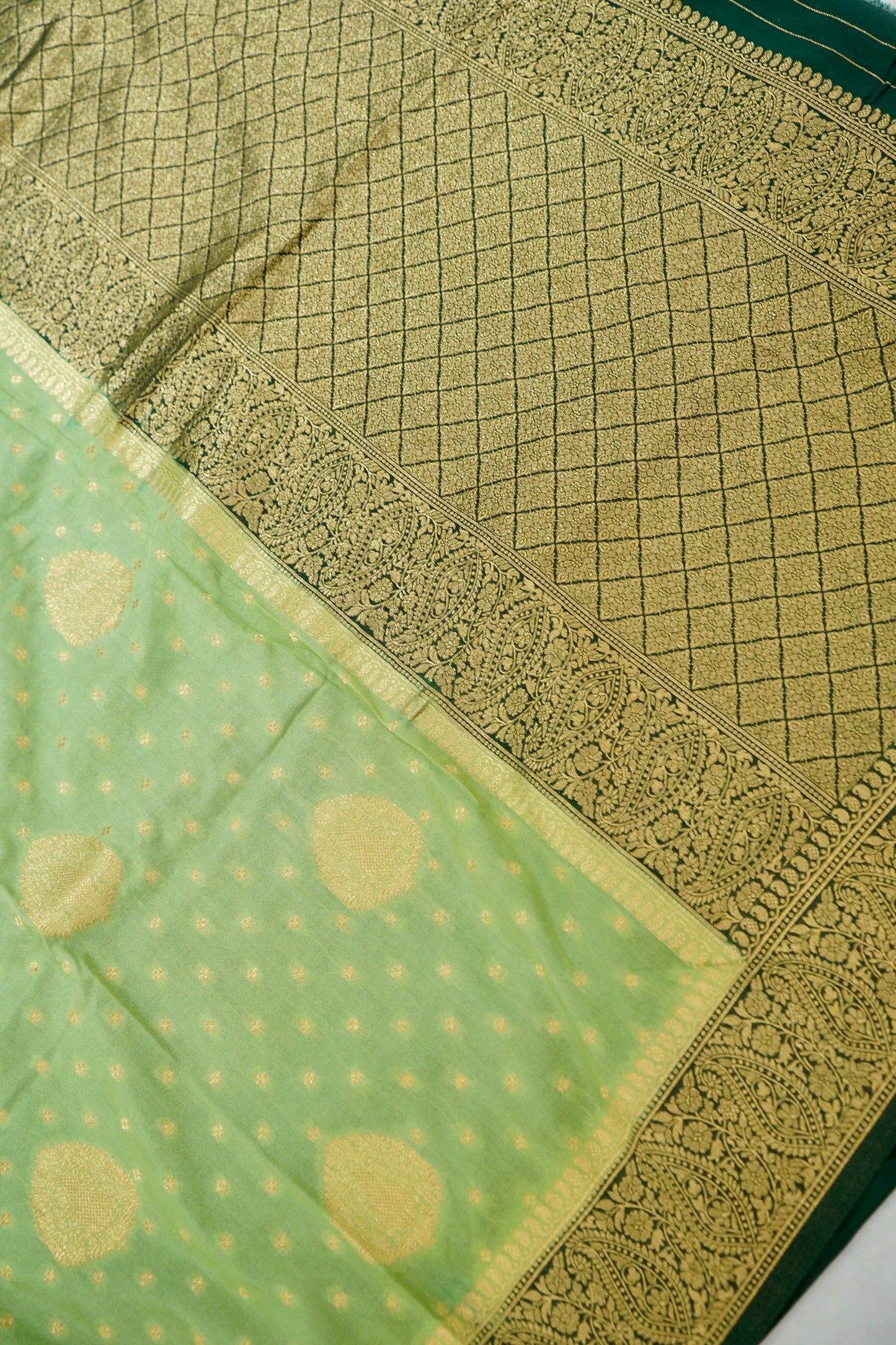 Pista Green Banarasi Silk Saree with Gold Zari Buti Weave & Dark Green Border