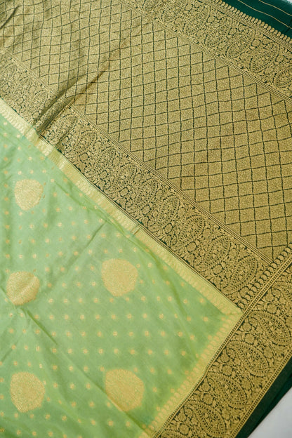 Pista Green Banarasi Silk Saree with Gold Zari Buti Weave & Dark Green Border