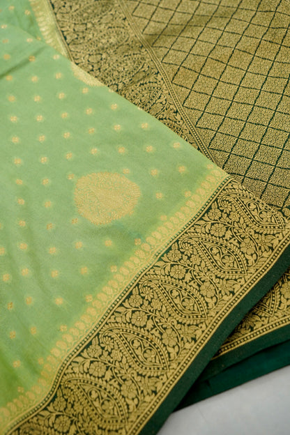 Pista Green Banarasi Silk Saree with Gold Zari Buti Weave & Dark Green Border