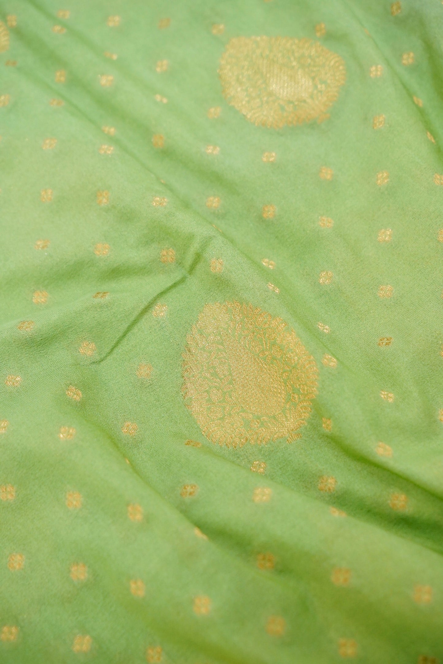Pista Green Banarasi Silk Saree with Gold Zari Buti Weave & Dark Green Border
