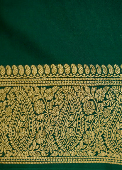 Pista Green Banarasi Silk Saree with Gold Zari Buti Weave & Dark Green Border