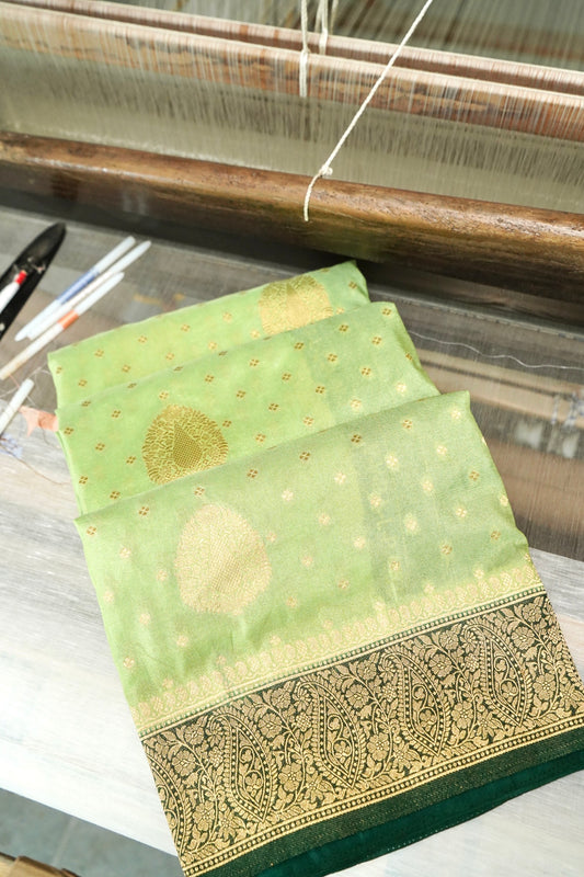 Pista Green Banarasi Silk Saree with Gold Zari Buti Weave & Dark Green Border
