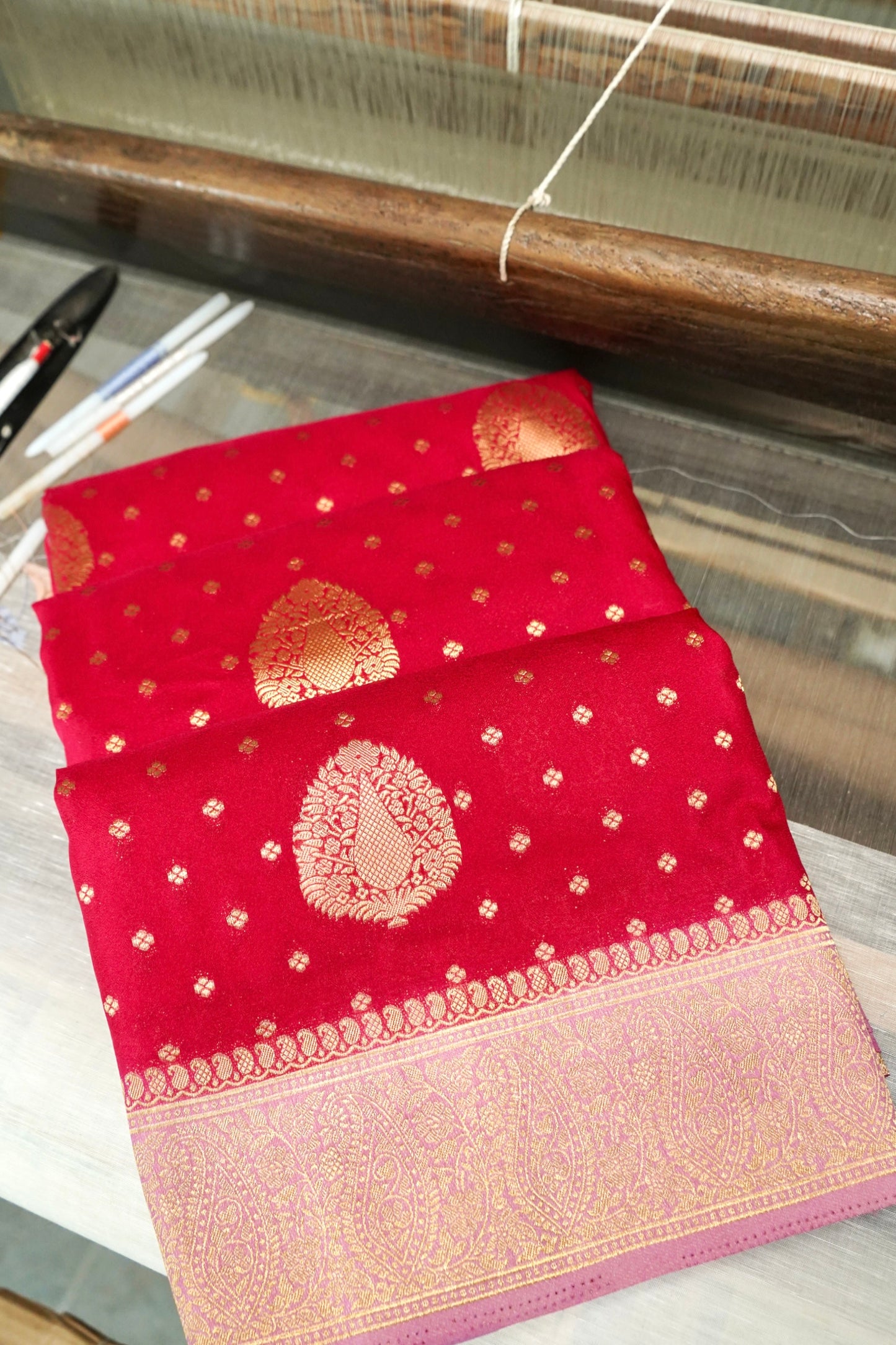 Red Banarasi Silk Saree with Gold Zari Buti Weave & Baby Pink Border