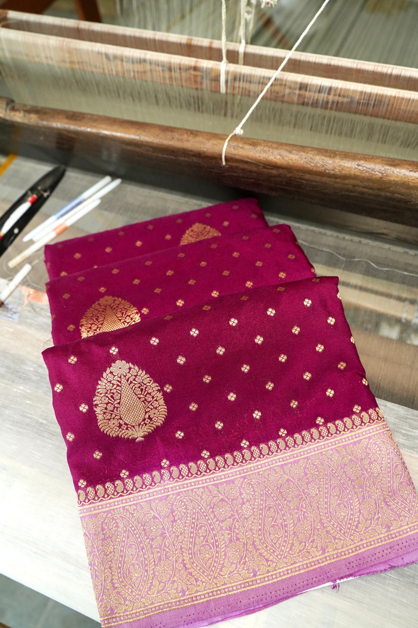 Magenta Banarasi Silk Saree with Gold Zari Buti Weave & Lavender Border