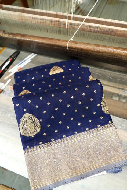 Royal Blue Banarasi Silk Saree with Gold Zari Buti Weave & Silver Zari Border