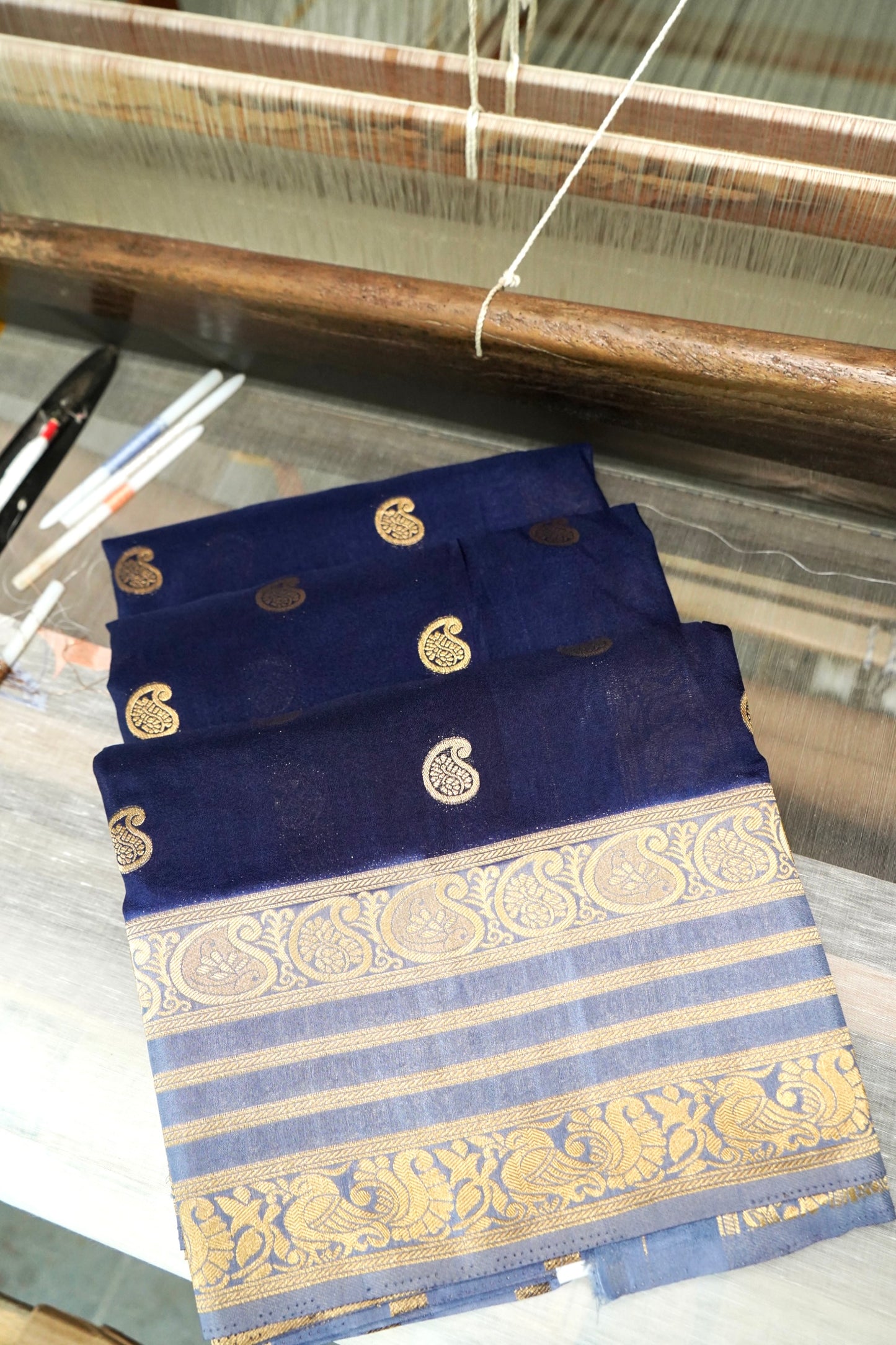 Navy Blue Banarasi Silk Saree with Gold Zari Buti Weave & Lavender Blue Border