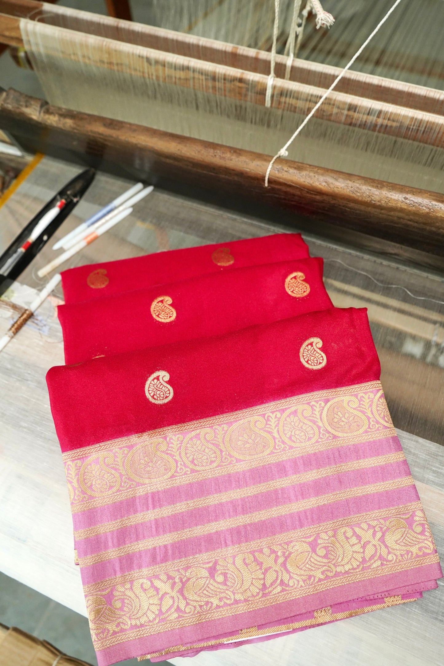 Red Banarasi Silk Saree with Gold Zari Buti Weave & Lavender Border