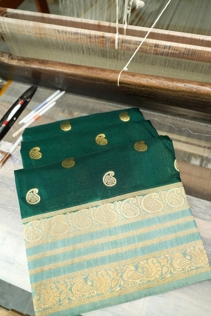 Bottle Green Banarasi Silk Saree with Gold Zari Buti Weave & Ivory Gold Border