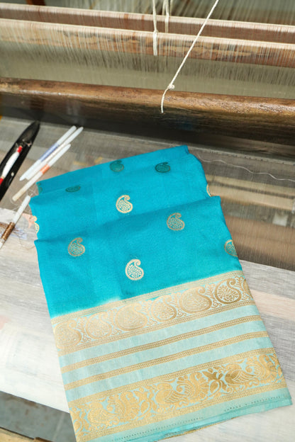 Turquoise Blue Banarasi Silk Saree with Gold Zari Buti Weave & Ivory Gold Border