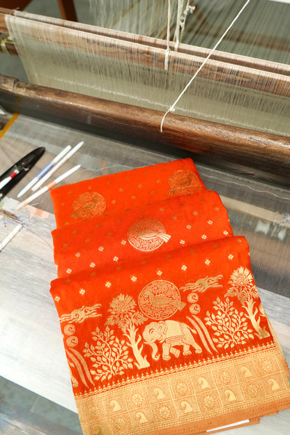 Orange Banarasi Silk Saree with Animal Motif Weaves