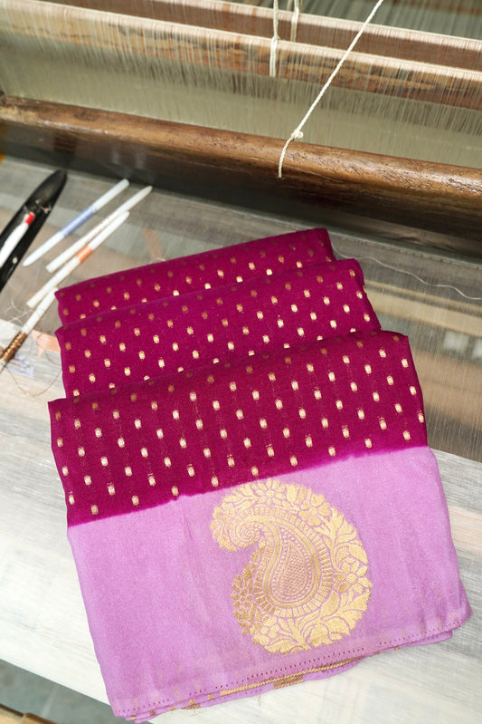 Magenta Banarasi Silk Saree with Gold Zari Buti Weave & Lavender Border
