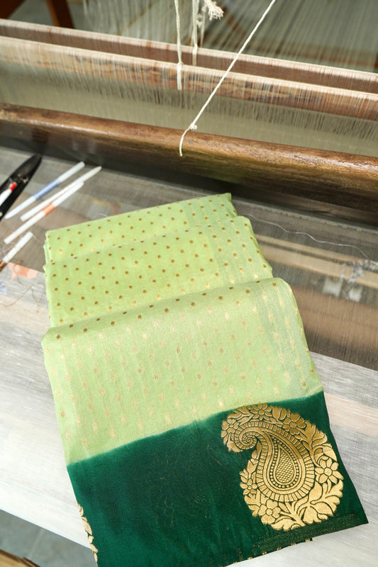 Lime Green Banarasi Silk Saree with Gold Zari Buti Weave & Emerald Green Border
