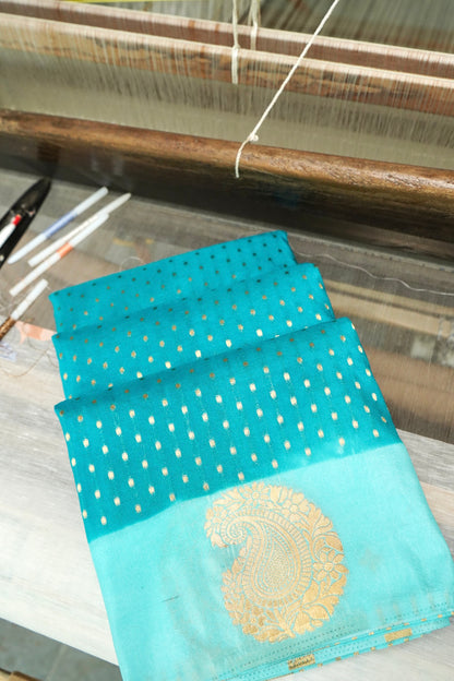Turquoise Blue Banarasi Silk Saree with Gold Zari Buti Weave & Aqua Blue Border