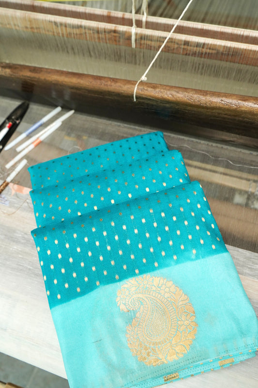 Turquoise Blue Banarasi Silk Saree with Gold Zari Buti Weave & Aqua Blue Border