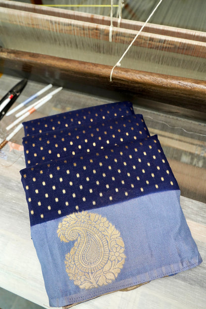 Royal Blue Banarasi Silk Saree with Gold Zari Buti Weave & Lavender Blue Border