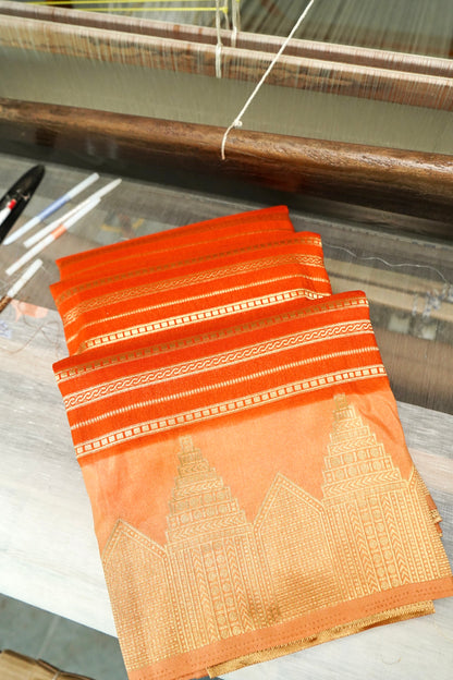 Orange Banarasi Silk Saree with Gold Zari Temple Weave & Peach Border