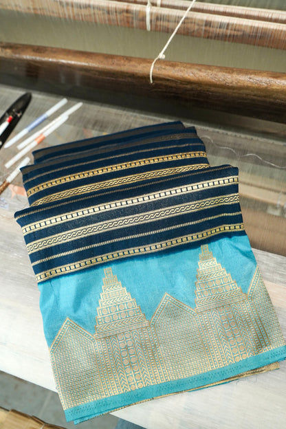 Navy Blue Banarasi Silk Saree with Gold Zari Temple Weave & Sky Blue Border