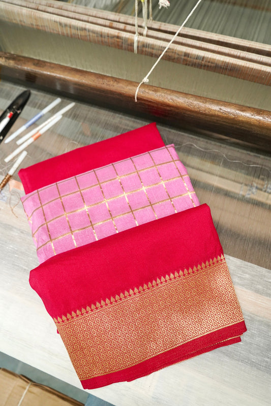 Rani Pink Banarasi Silk Saree with Golden Zari Check Weave