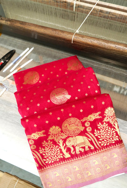 Rani Pink Banarasi Silk Saree with Animal Motif Weaves