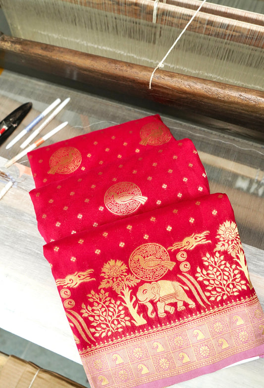 Rani Pink Banarasi Silk Saree with Animal Motif Weaves