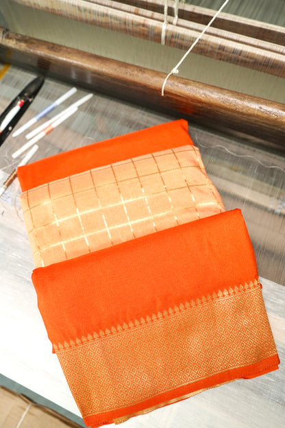 Orange Banarasi Silk Saree with Golden Zari Check Weave