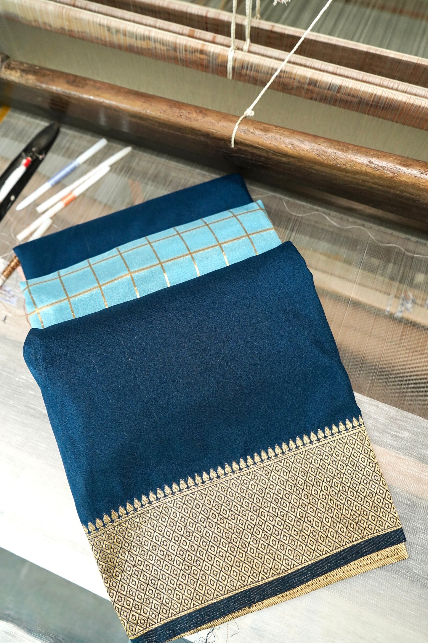 Navy Blue Banarasi Silk Saree with Golden Zari Check Weave