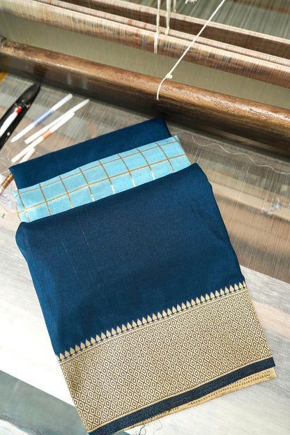 Navy Blue Banarasi Silk Saree with Golden Zari Check Weave