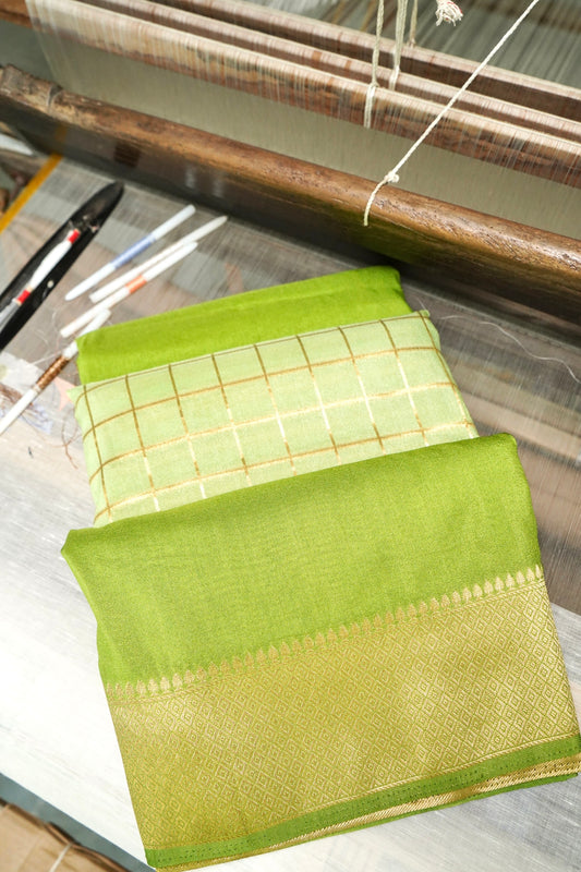 Lime Green Banarasi Silk Saree with Golden Zari Check Weave