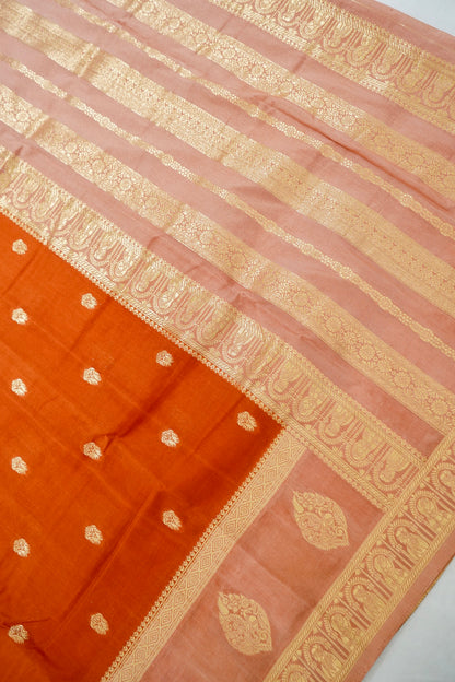 Burnt Orange Banarasi Silk Saree with Allover Buti Work