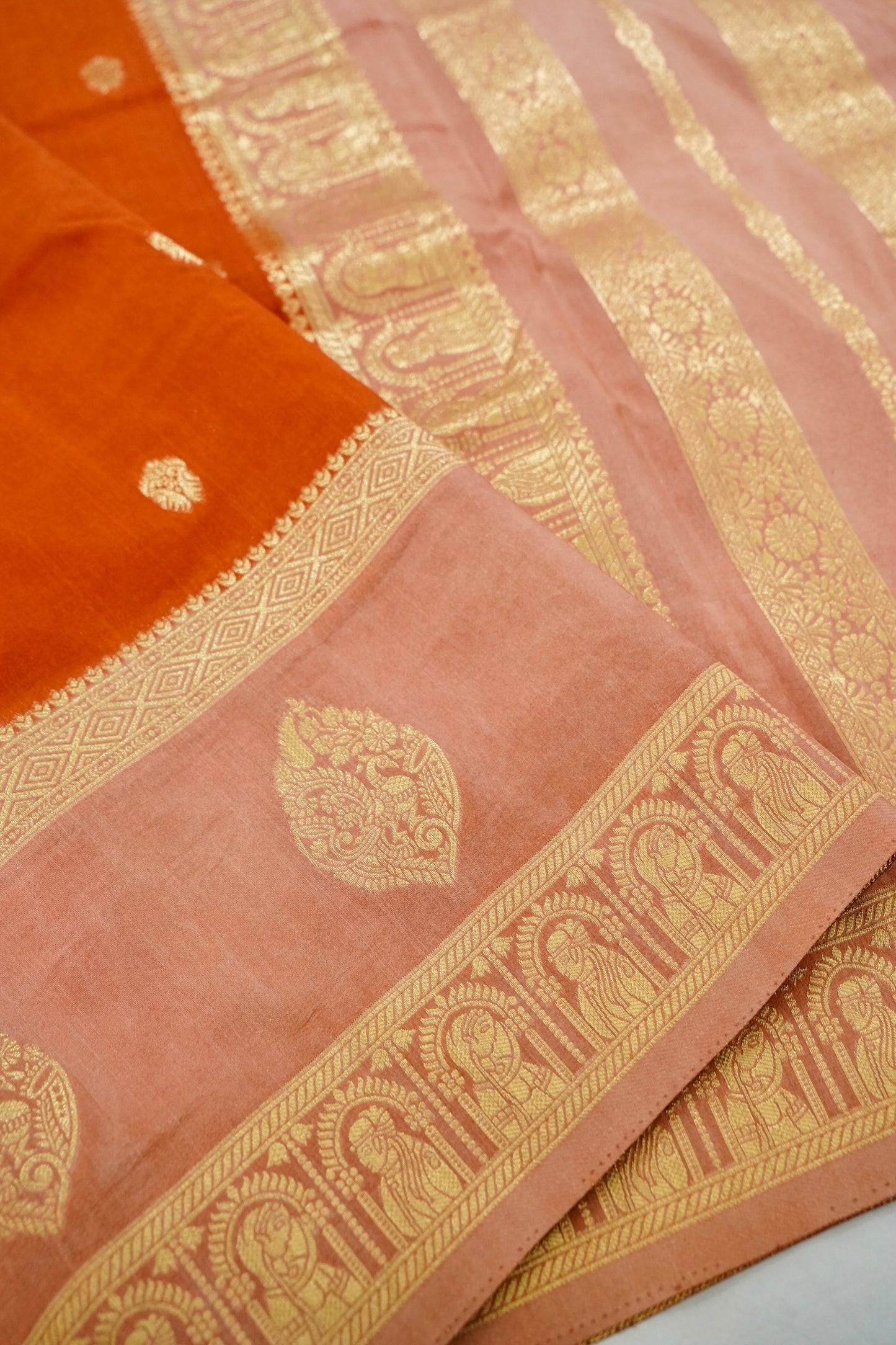 Burnt Orange Banarasi Silk Saree with Allover Buti Work