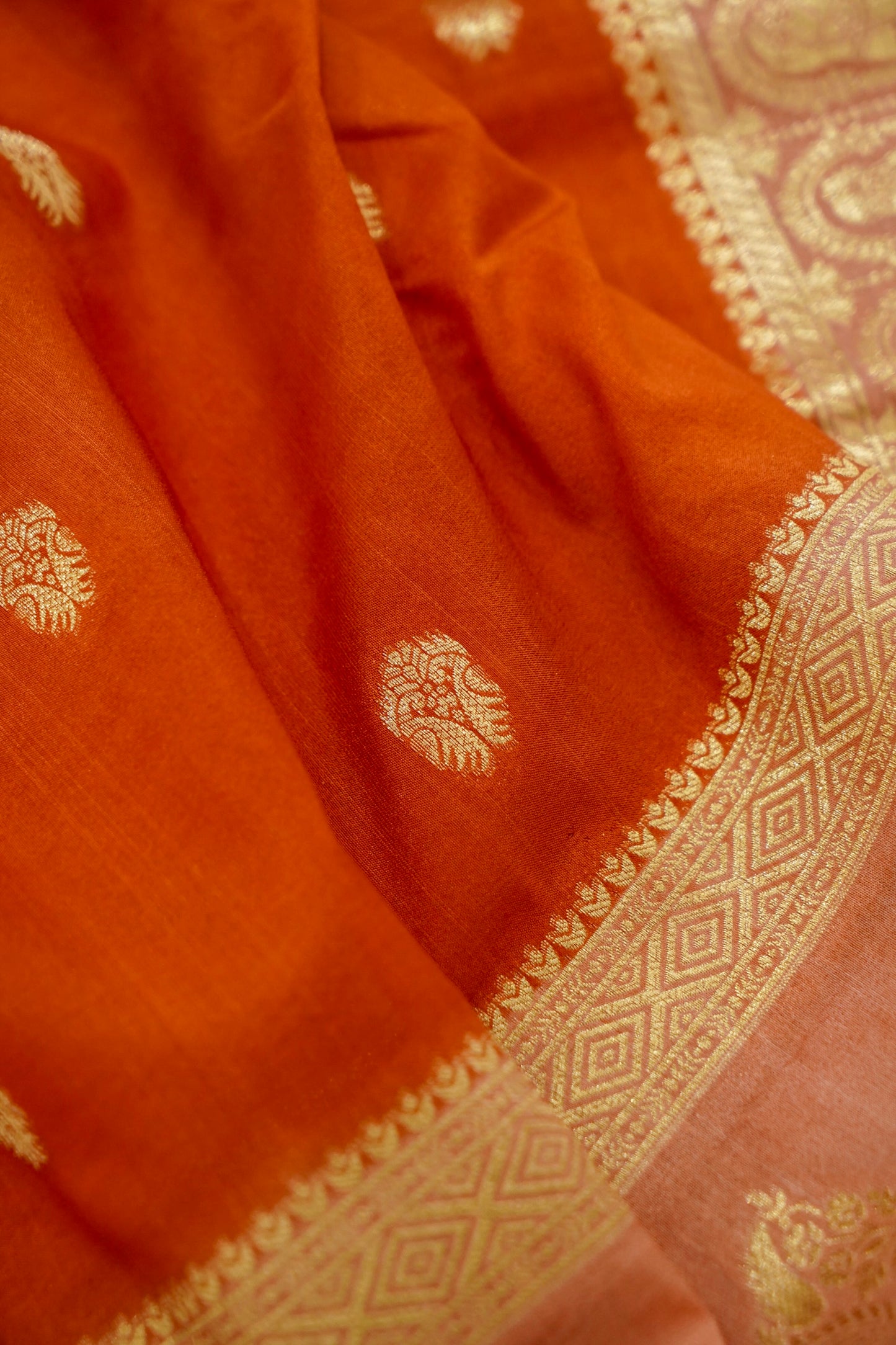 Burnt Orange Banarasi Silk Saree with Allover Buti Work